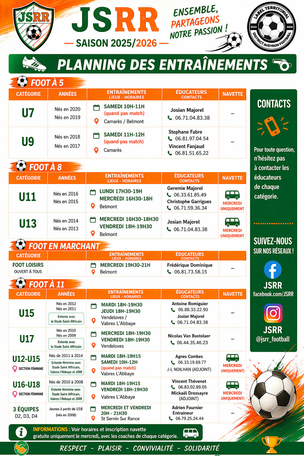 Planning des entraînements JSRR